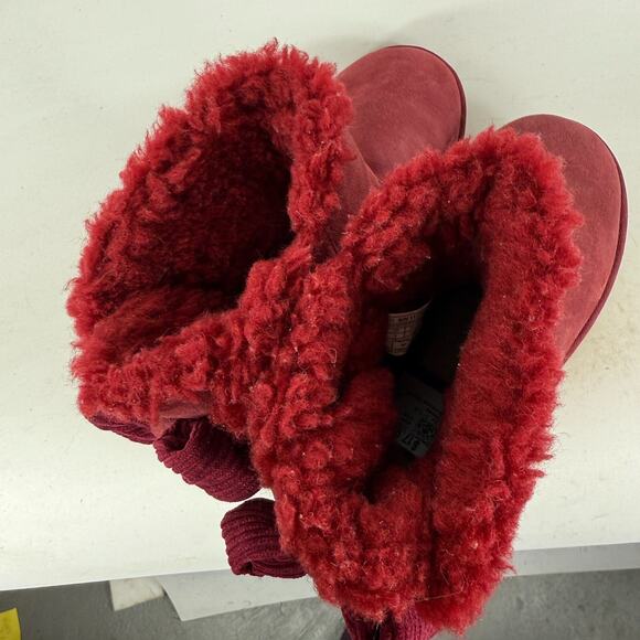 UGG Mini Bailey Bow Glimmer Velvet Ribbon Boot Women's 7 Red Woven winter Shoes - Picture 9 of 10